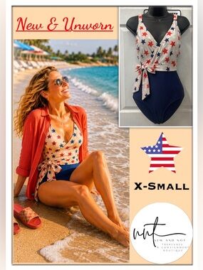 Mack & Mal One Piece Swimsuit XS Patriotic Stars Wrap Tie Waist NWT